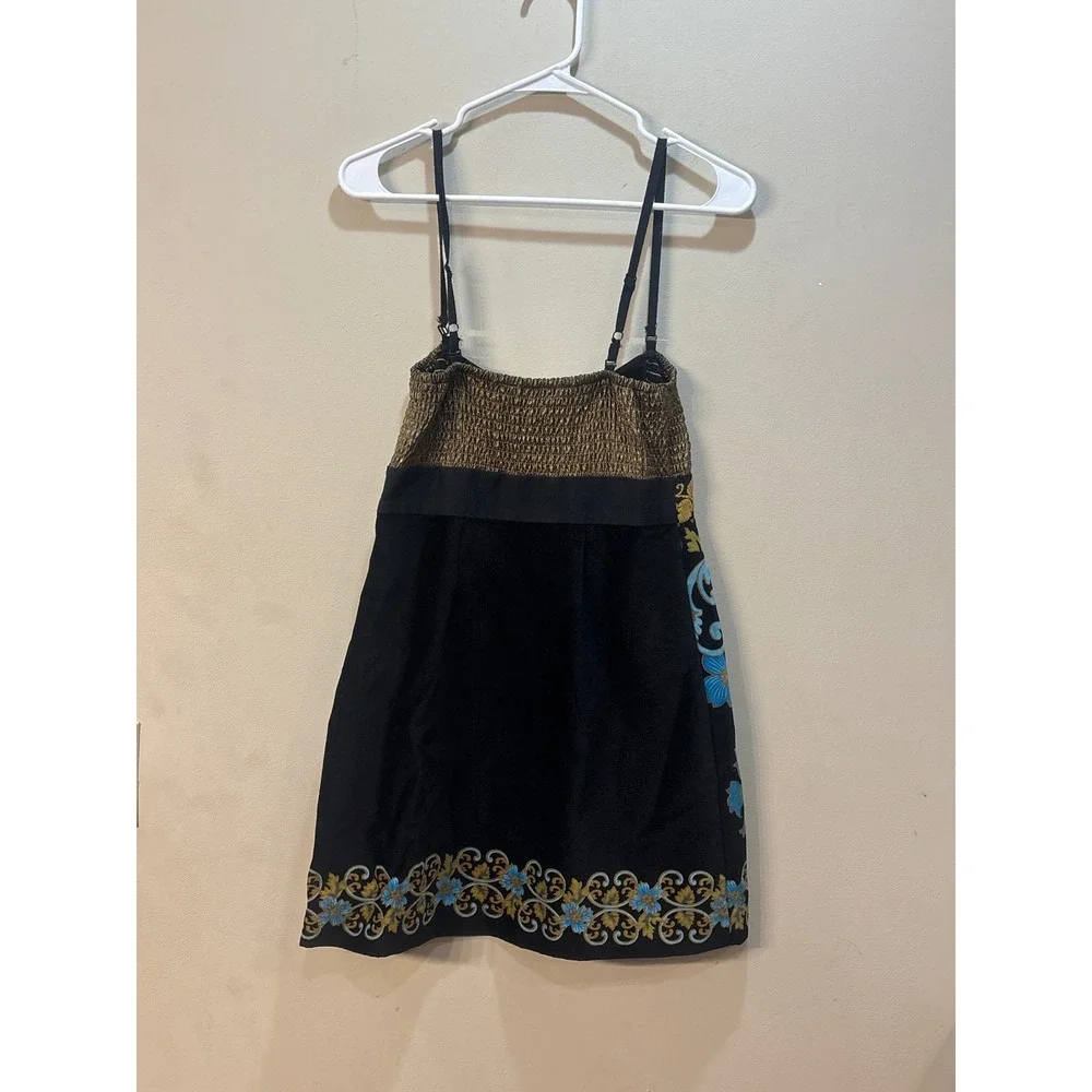 Free People Boho Floral Lost in Paradise Mini Dress Gold Metallic Smocked Blk 4